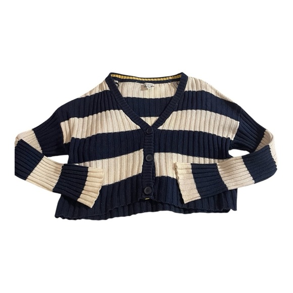 American Eagle Navy and Cream Striped Button Sweater - Picture 3 of 8